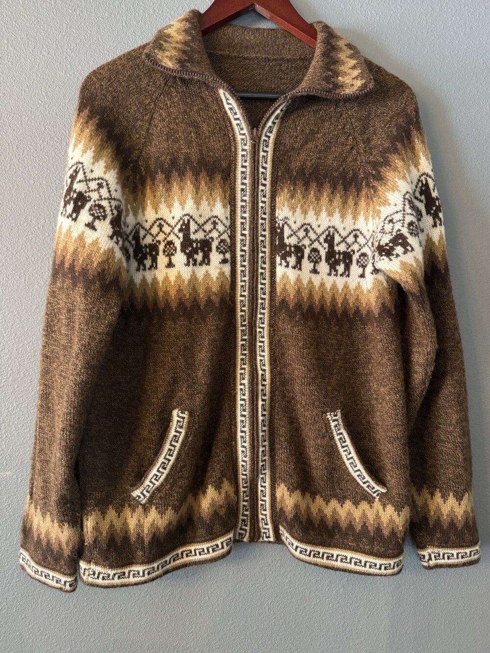 Southwest Style Zip Sweater Cardigan Llama Pattern Brown Peruvian Inspired